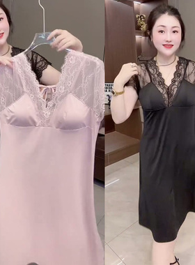 睡裙女夏季带胸垫防凸点宽松蕾丝拼接宽松大码短袖家居服性感睡衣