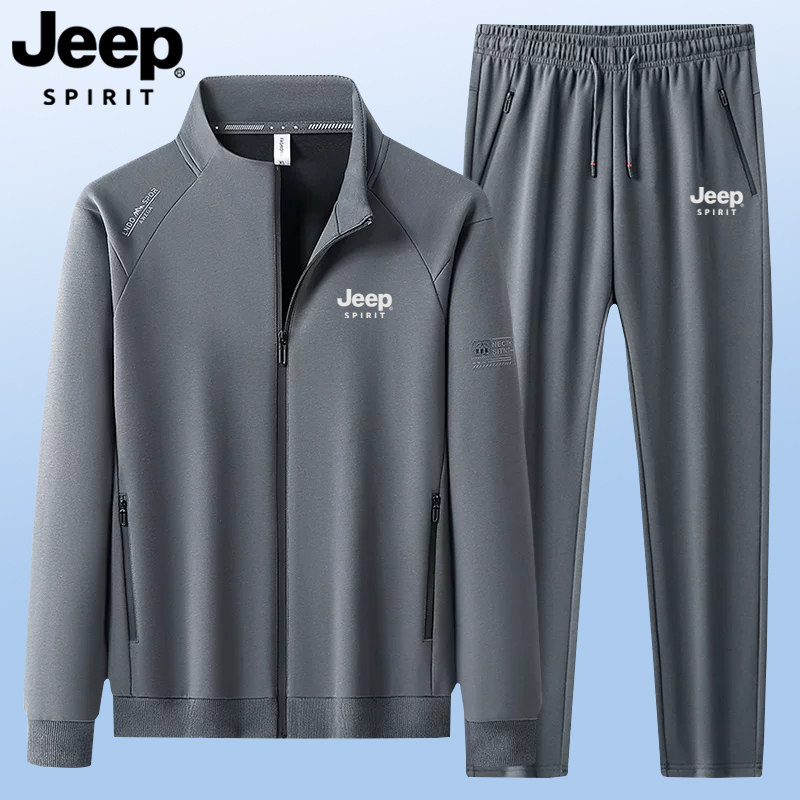 JEEP吉普纯棉运动套装男春秋季新款中年立领休闲两件套跑步服男装