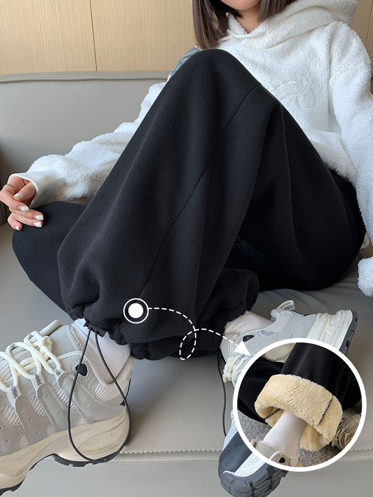 羊羔绒阔腿裤女秋冬季加厚加绒东北棉裤外穿直筒休闲束脚运动卫裤