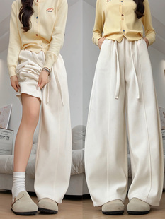 白色弯刀裤女秋冬2025新款加绒直筒宽松慵懒小个子灯芯绒阔腿裤子