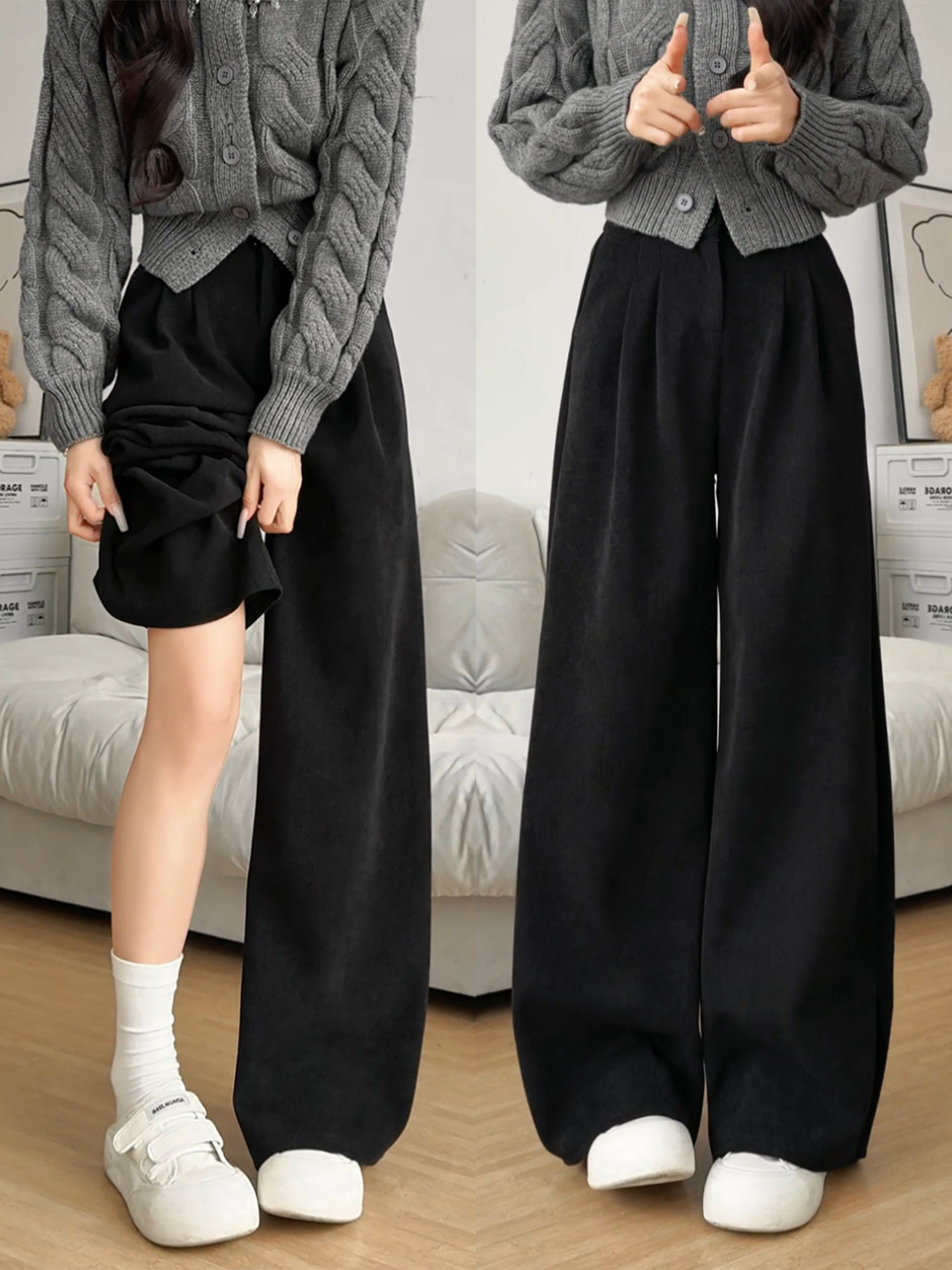 灰色灯芯绒西装裤女2025新款秋冬季加绒高级感垂感直筒个子阔腿裤