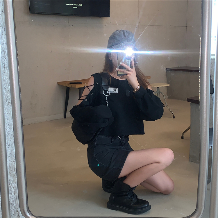 Real shot spring new Korean loose and versatile short jacket off shoulder long sleeve T-shirt women's fashion