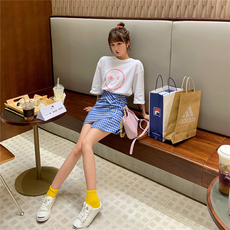 實拍新款氣質顯瘦格紋設計感不規則高腰一步短裙女