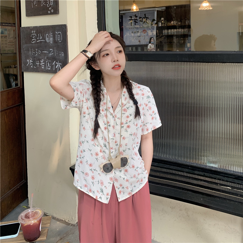 Real shooting summer new Hong Kong Style Floral Shirt loose and thin short sleeve shirt student blouse fashion