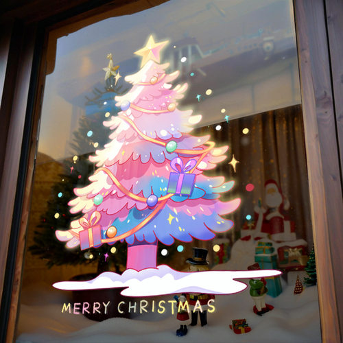 彩色圣诞树场景布置静电贴橱窗