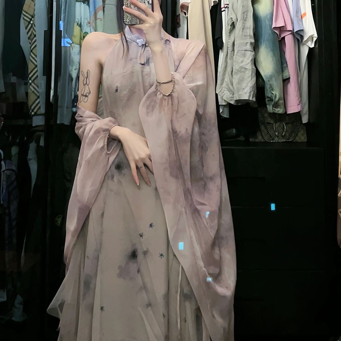 新中式挖肩紫色拼紗改良版旗袍