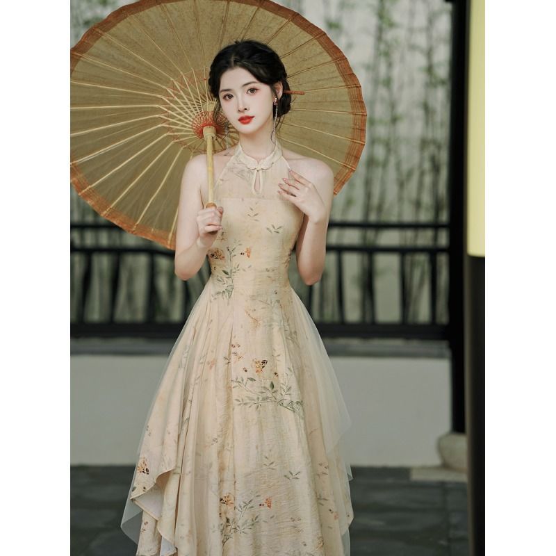 新中式掛脖改良拼紗旗袍+禪意