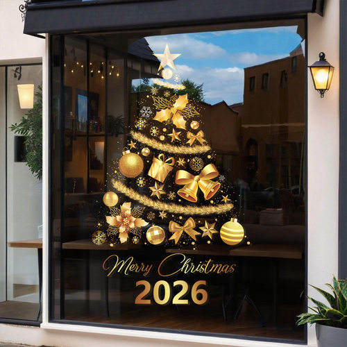 金色礼球圣诞树氛围装饰品静电贴