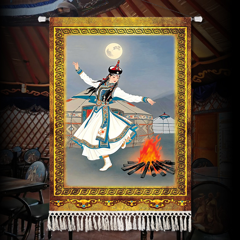 蒙古草原风情美女油画装饰挂画餐厅彩色内蒙古包牛羊餐厅民宿挂布图片