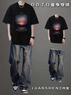 夏季新款美式复古短袖t恤男潮牌宽松休闲套装痞帅一套搭配牛仔裤