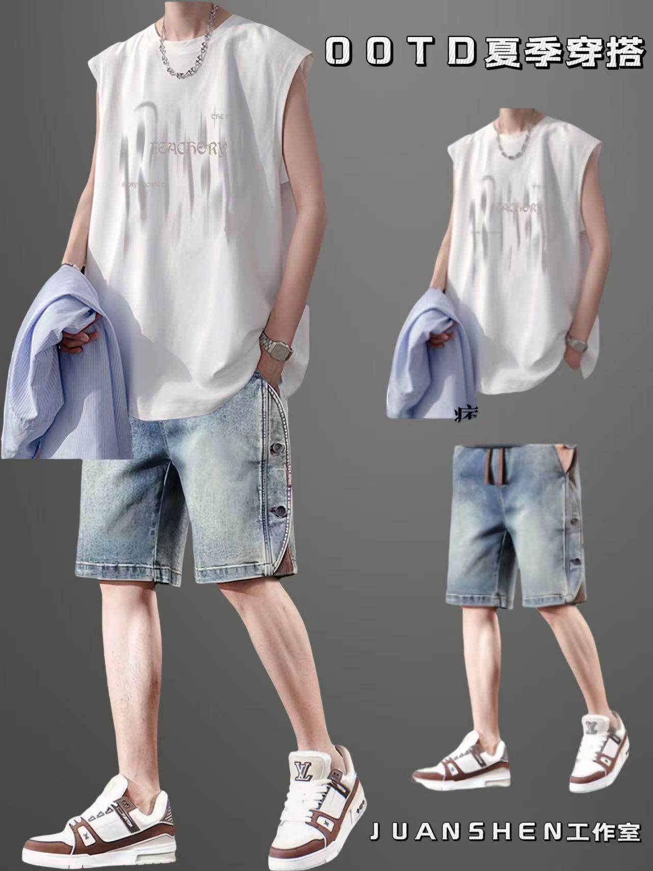 背心无袖t恤男装夏季坎肩休闲运动搭配牛仔短裤薄款痞帅两件套装