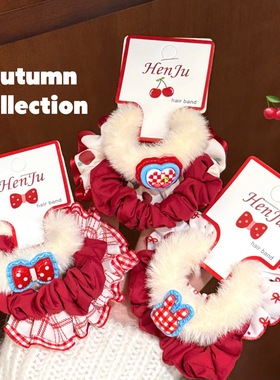 新款可爱毛绒花边发圈套装少女甜美马尾发绳不伤发小肠圈头饰