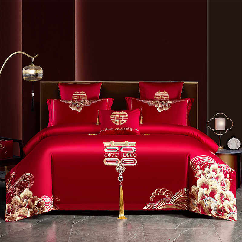 高端100纯棉婚庆四件套大红色全棉刺绣新婚喜被结婚房嫁床品喜被4