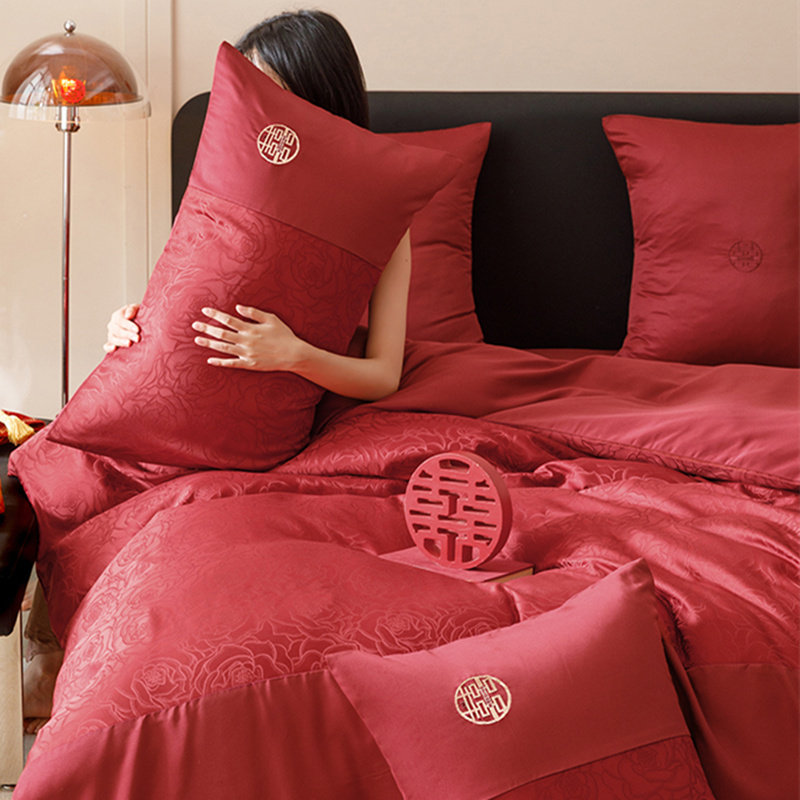 简约新婚庆四件套红色喜庆被套纯棉陪嫁被罩床单喜被结婚床上用品