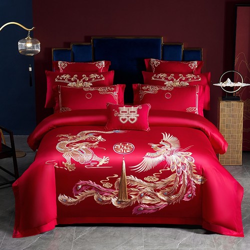 100支长绒棉婚庆四件套全棉纯棉大红色龙凤刺绣结婚房喜床上用品4