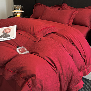 高端120支婚庆四件套高档新款大红色全棉100结婚喜被婚嫁床上用品