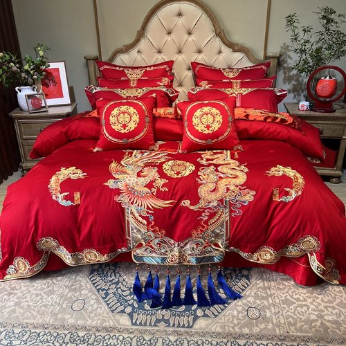 高档龙凤刺绣被套大红色婚庆四件套结婚全棉床单纯棉婚房床上用品