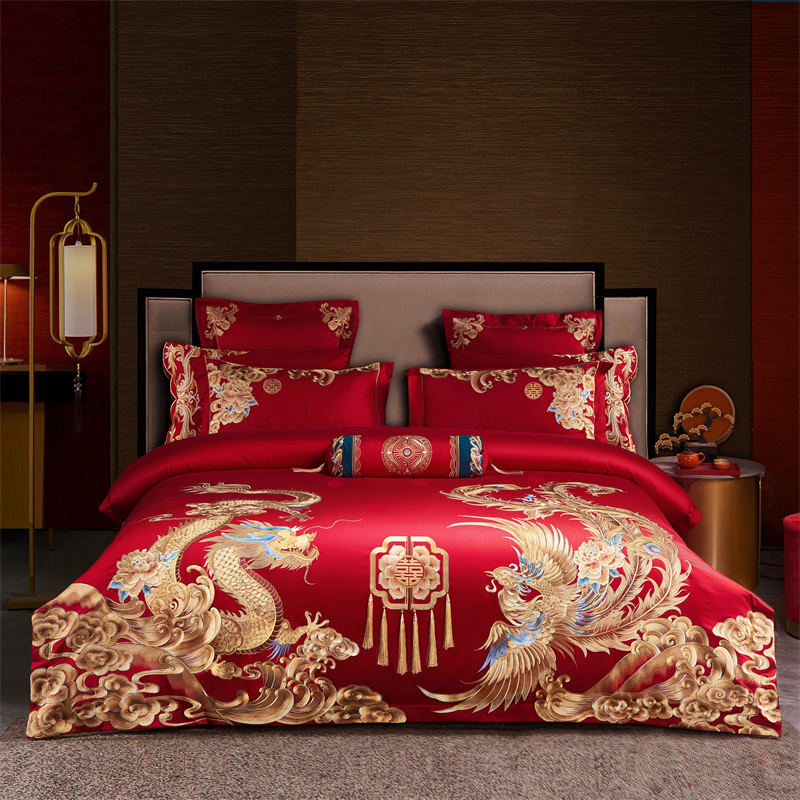 高端刺绣140S贡缎全棉婚庆四件套大红色龙凤喜被新婚结婚陪嫁床品