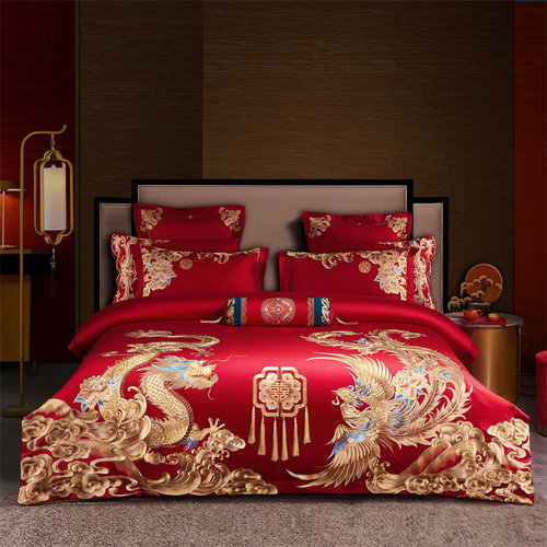 高端刺绣140S贡缎全棉婚庆四件套大红色龙凤喜被新婚结婚陪嫁床品