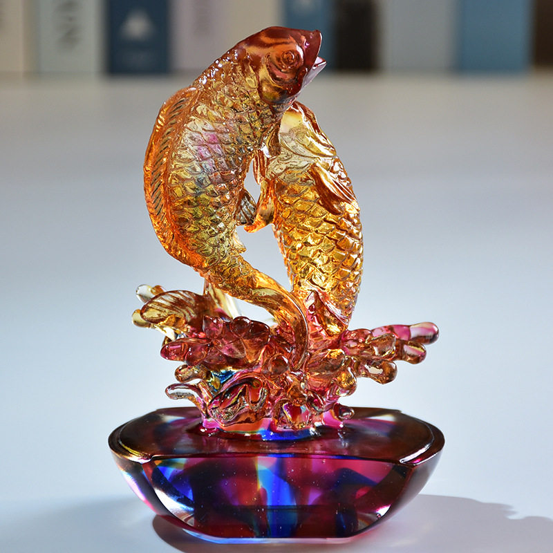 吉祥双鱼开业礼品家居装饰品琉璃鱼摆件中式客厅装饰桌面工艺品