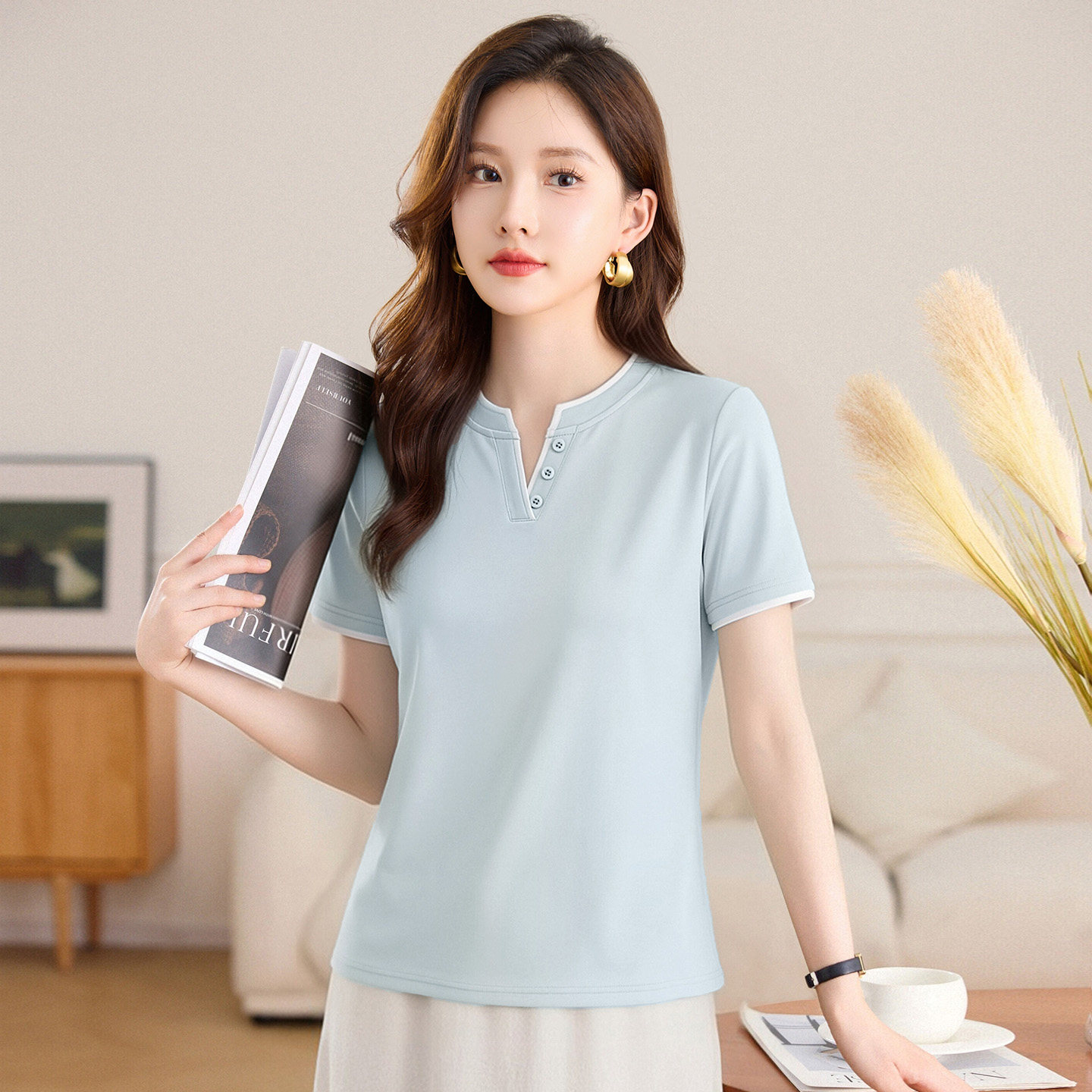 v领短袖t恤女2026新款夏季爆款女装气质修身蓝色上衣洋气半袖体恤