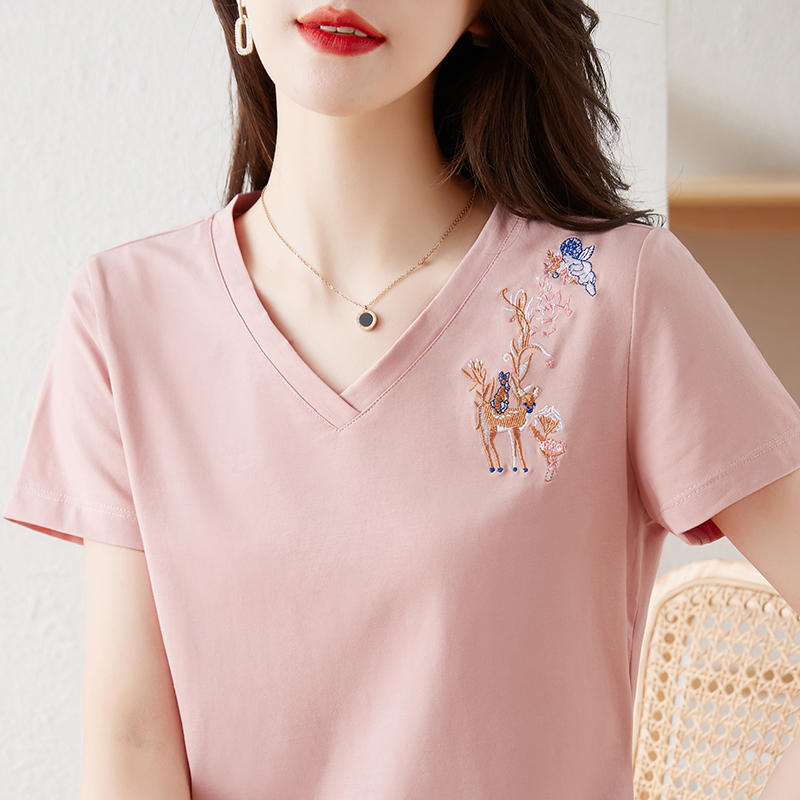 夏季高端女装v领短袖t恤女
