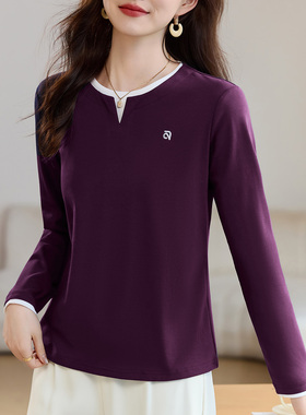 正肩长袖t恤女士打底衫春秋款2025新款秋季洋气女装宽松紫色上衣
