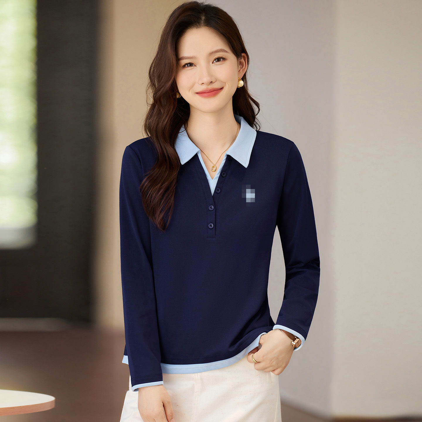 翻领长袖t恤女春秋正肩打底衫