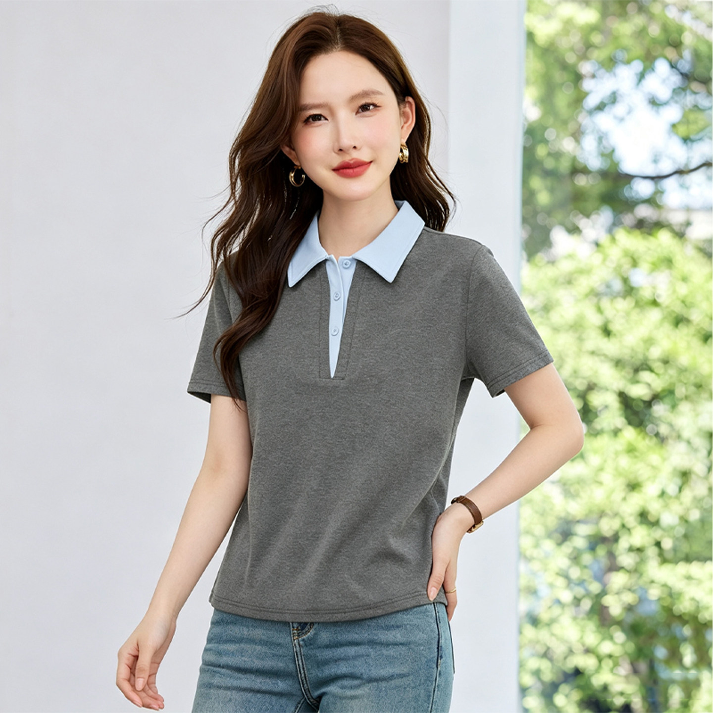 正肩POLO领短袖女休闲百搭