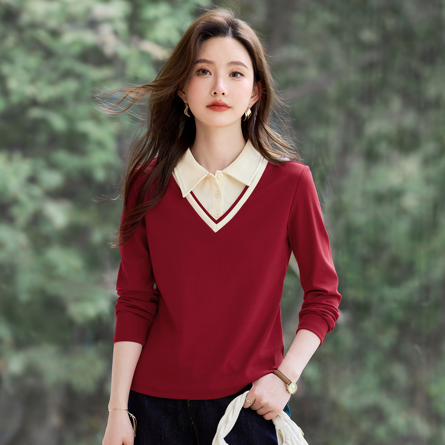 polo领假两件长袖t恤女2026新款春季爆款高端女装正肩翻领上衣衫