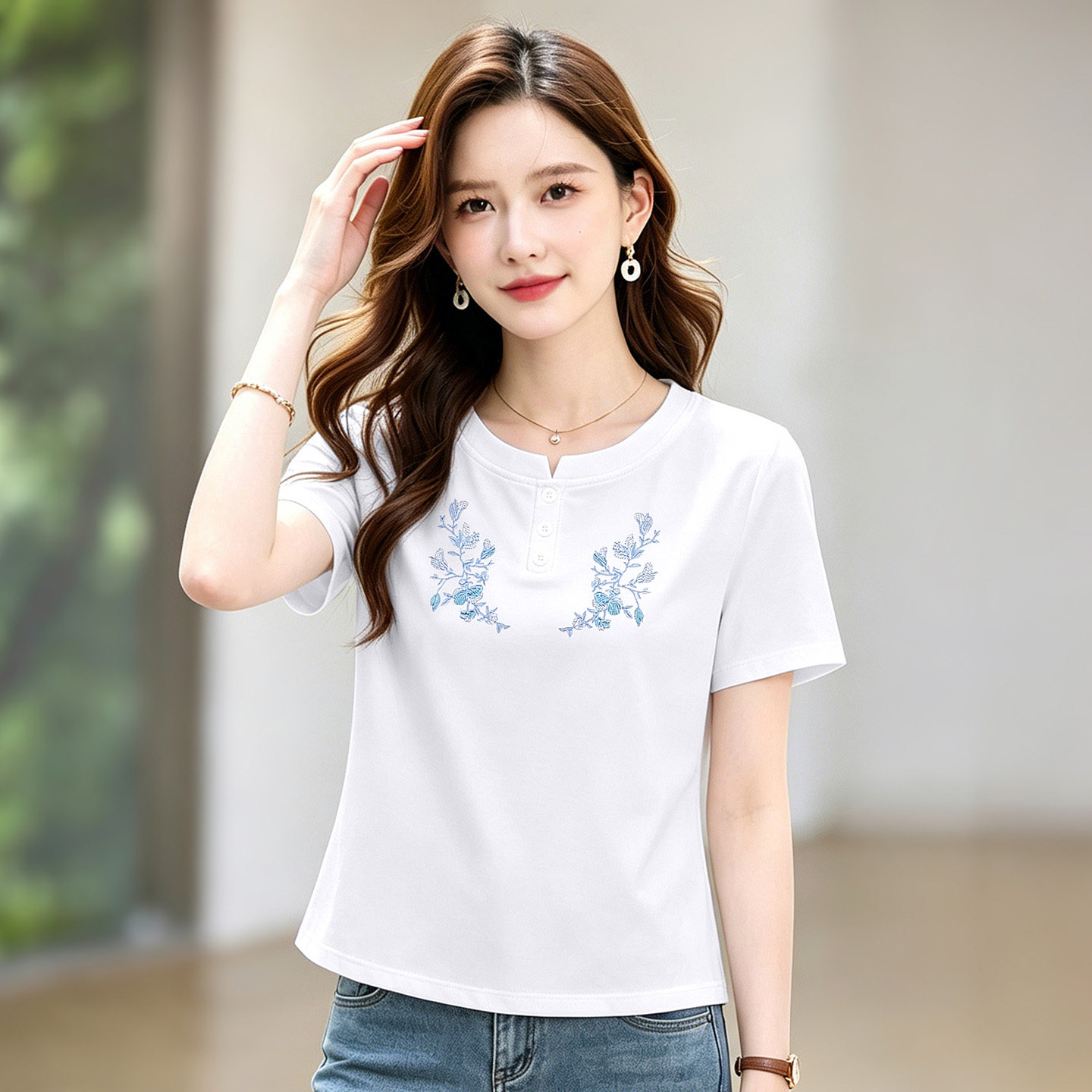 正肩新中式女装短袖减龄上衣