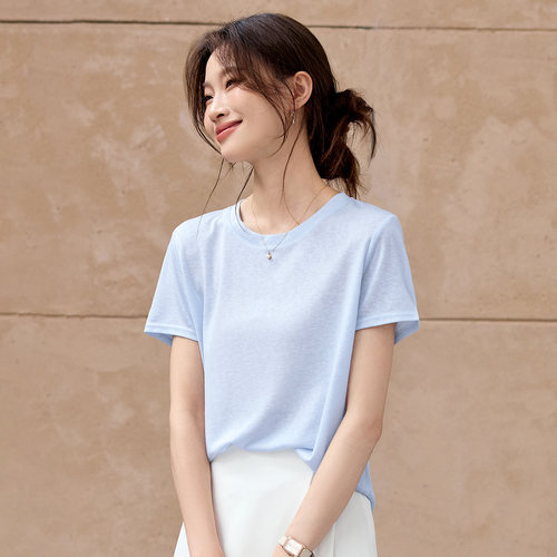 正肩短袖t恤女夏季莱赛尔上衣薄