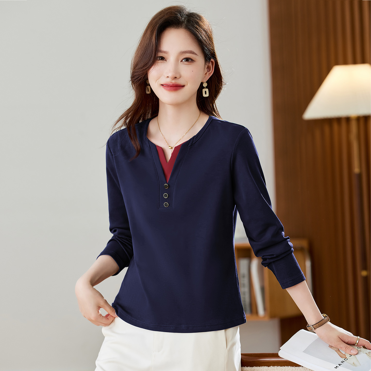 正肩v领假两件长袖t恤女内搭上衣