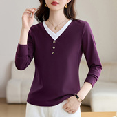 t恤女2026新款 春季 爆款 紫色正肩v领长袖 内搭可外穿上衣加绒打底衫