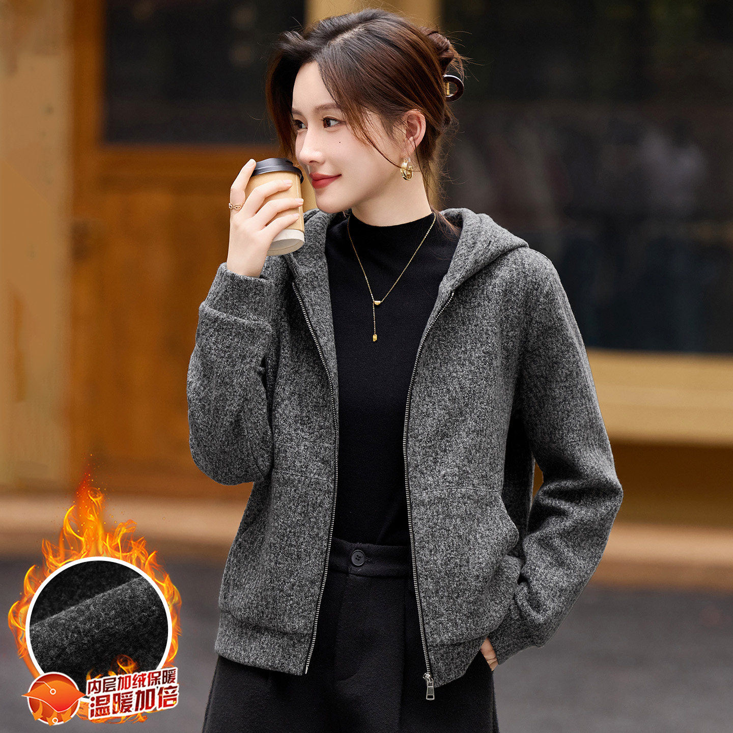 连帽正肩厚外套女冬季时尚洋气