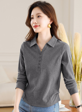 翻领灰色长袖t恤女士打底衫2025新款秋冬爆款女装内搭可外穿上衣