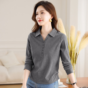 翻领灰色长袖t恤女士打底衫2026新款春秋爆款女装内搭可外穿上衣