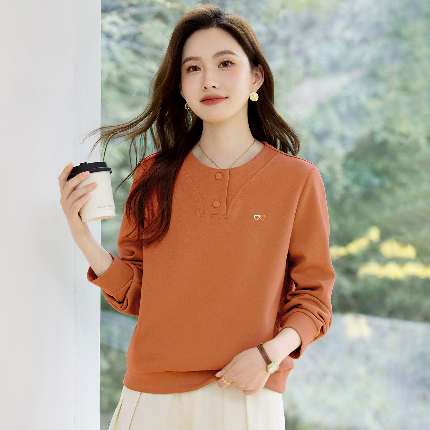 圆领正肩女士卫衣2026新款春秋女装爆款高端洋气无帽套头橙色上衣