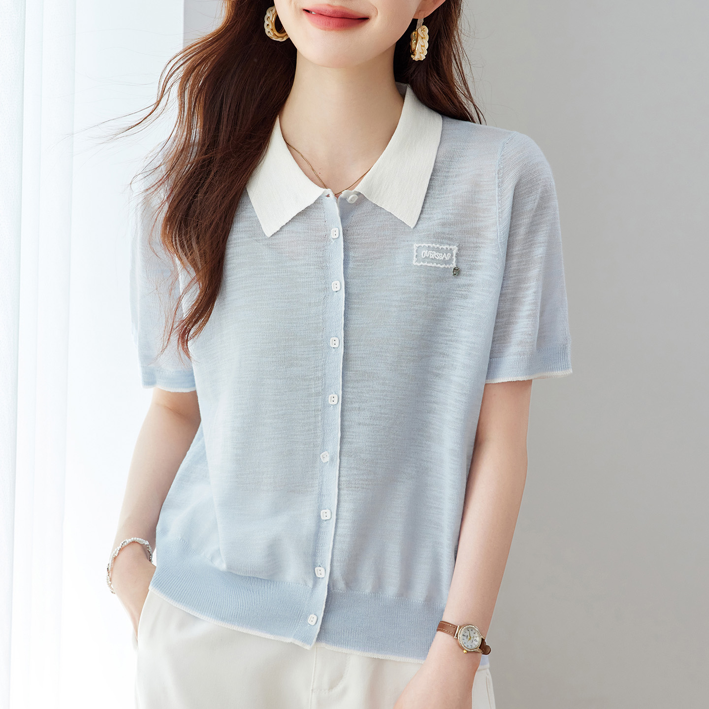 翻领开衫针织短袖t恤女2025新款夏季薄款宽松显瘦半袖上衣体恤衫