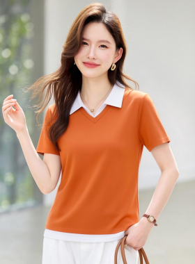 正肩短袖t恤女2026新款夏季时尚洋气女装翻领修身上衣橙色半袖衫