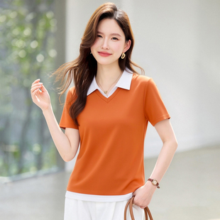正肩短袖t恤女2026新款夏季时尚洋气女装翻领修身上衣橙色半袖衫