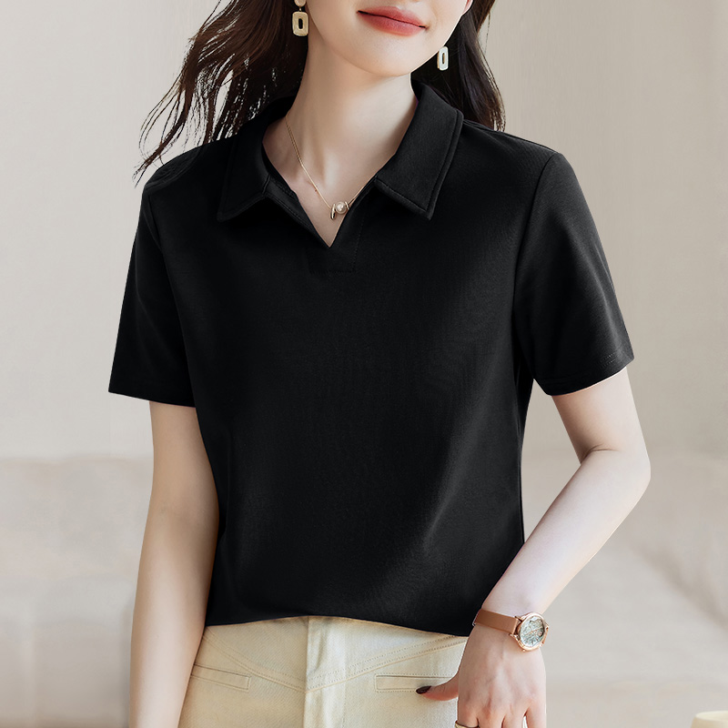 翻领黑色正肩短袖t恤女2025新款夏季爆款妈妈polo衫上衣半袖体恤