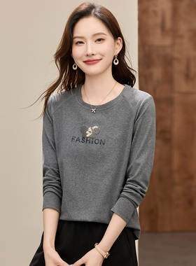 正肩长袖t恤女2025新款秋冬爆款女装灰色单穿上衣高端洋气打底衫