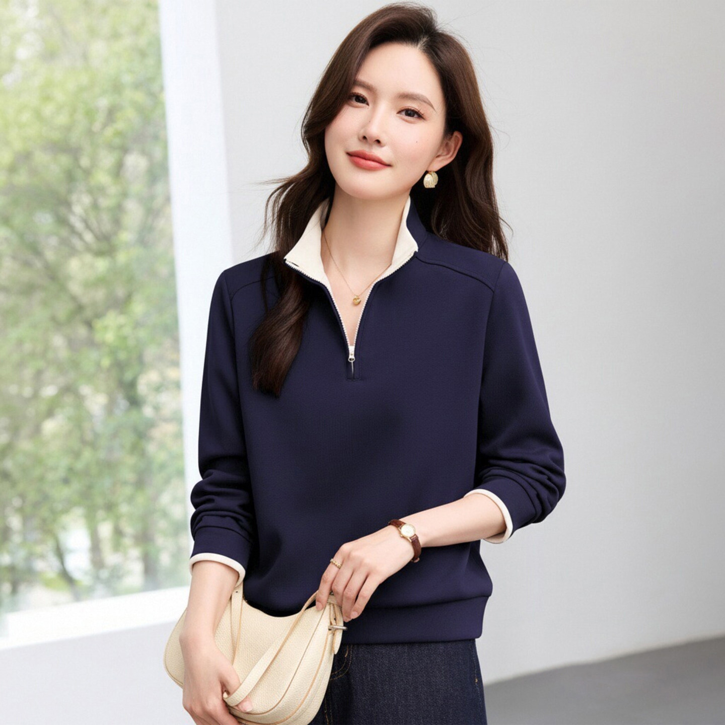半拉链春秋卫衣女2026新款春季爆款洋气高端女装立领薄款宽松上衣