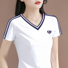 v领白色短袖t恤女2025新款夏季爆款女装正肩上衣高端洋气半袖体恤