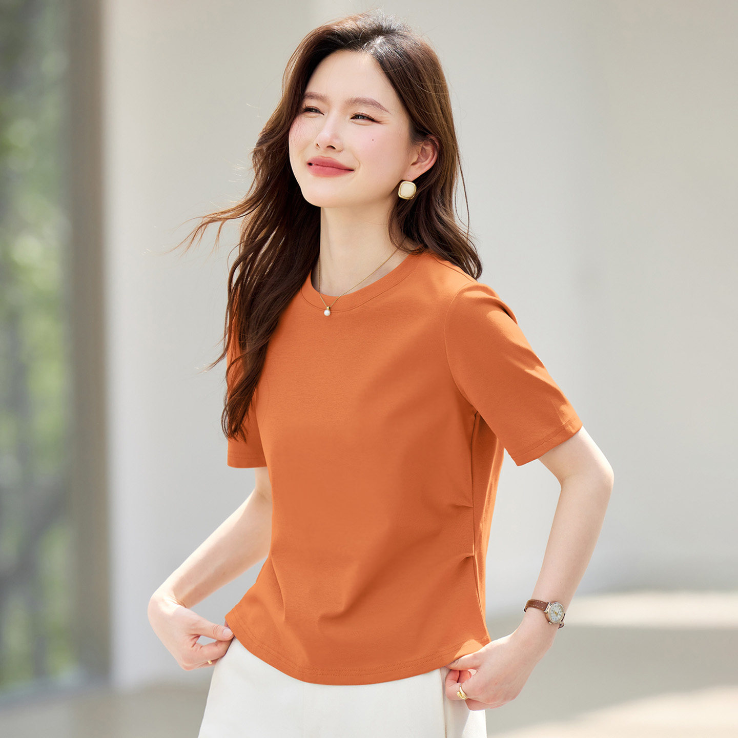 纯色正肩短袖t恤女装2026新款夏季爆款高端修身上衣橙色半袖体恤 - 实物图
