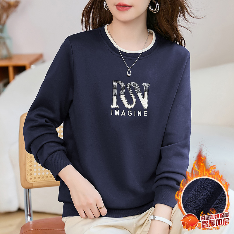 圆领无帽卫衣女秋冬加绒加厚