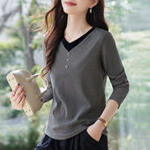 女装 v领长袖 加绒假两件上衣 2026新款 早秋爆款 t恤女士打底衫 春秋款