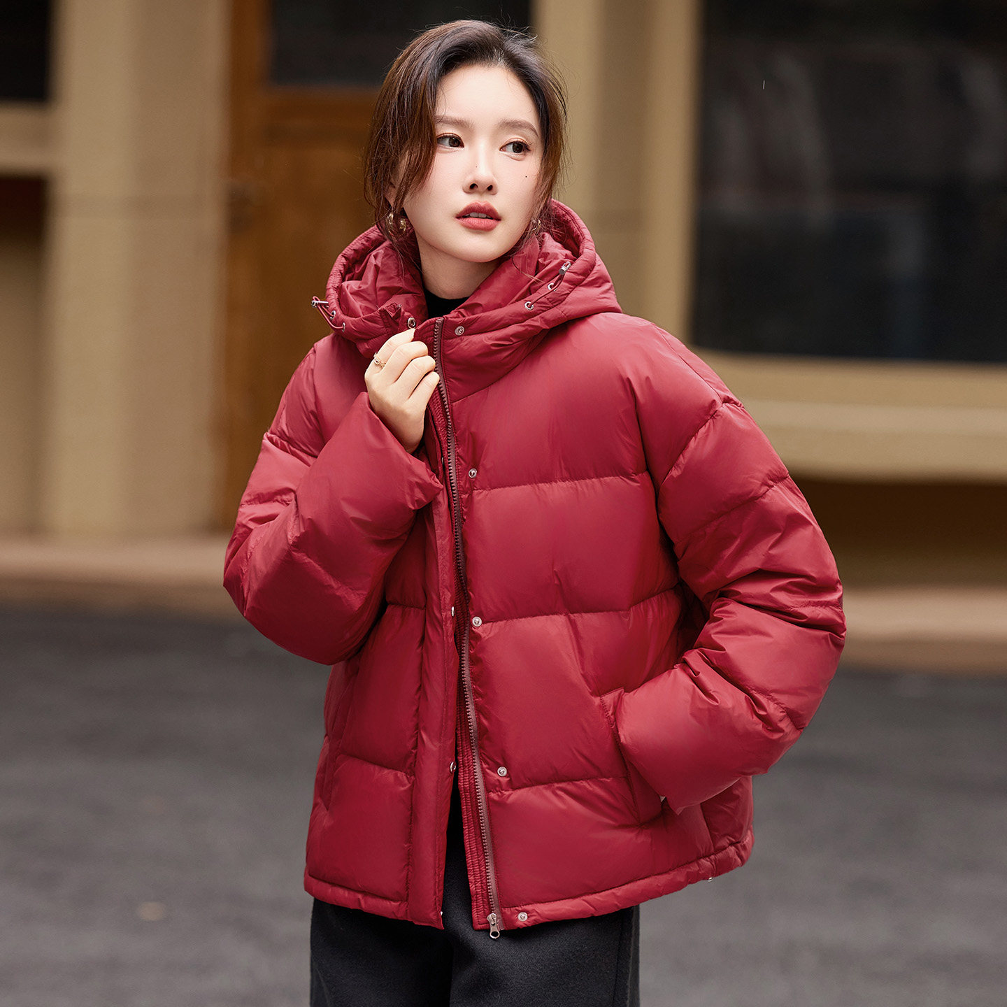 连帽羽绒内胆棉衣棉服女2025新款冬季女装洋气保暖棉袄红色厚外套