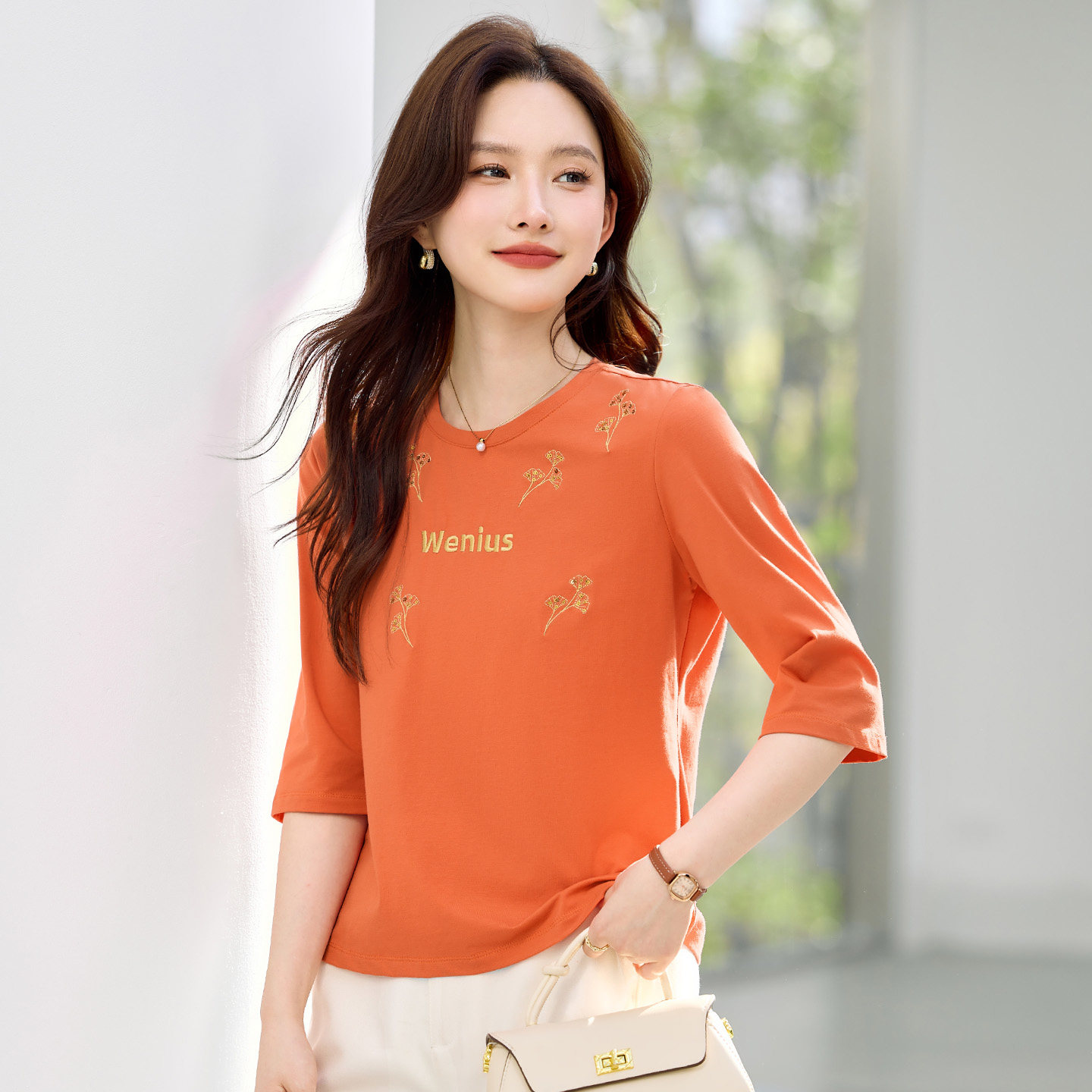 正肩七分袖t恤女中袖上衣2026新款春夏女装爆款宽松洋气半袖体恤